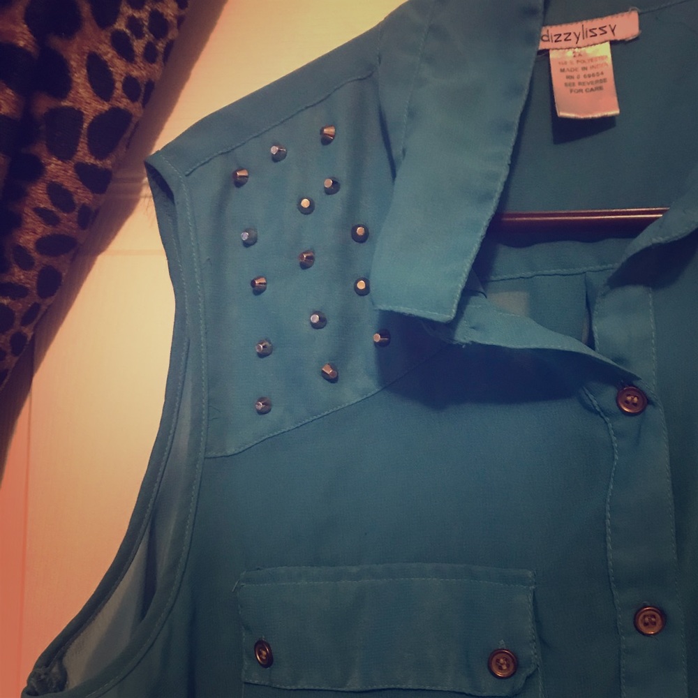 Sleeveless turquoise studded blouse